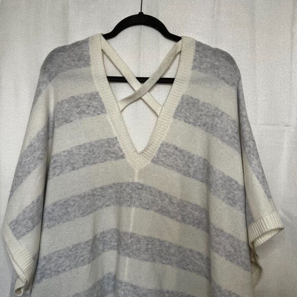 Aerie Oversized Comfy Striped Cape Sweater Criss Cross Back Gray White Size L/XL - Picture 8 of 16